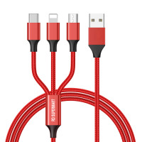 3 In 1 Charging Cable Nylon Braided Multifunction Fast Charging Cable For Android Smartphone, Ios And Type C Usb Devices (RED)