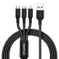 3 In 1 Charging Cable Nylon Braided Multifunction Fast Charging Cable For Android Smartphone, Ios And Type C Usb Devices (BLACK)